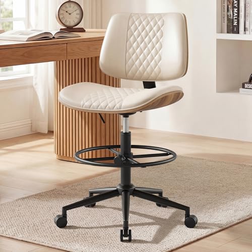 Drafting Chair with Adjustable Footrest, Rolling Walnut Stool, Beige - color: Beige