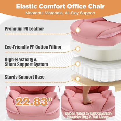 Wide Comfy Office Desk Chair for Women with Lumbar Support Pink | Big Tall Computer Gaming Chair, Adjustable Lumbar Back Support, Wide Seat, Heavy Duty, Wheels, Faux Leather - color: Bright Pink