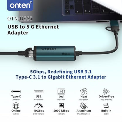 USB-C to Ethernet Adapter - 5Gbps High-Speed,USB-A to RJ45 5000Mbps Ethernet LAN Network Adapter Thunderbolt 4/3 Compatible, for iPhone 15 Pro/Max, MacBook Pro/Air 2023, iPad Pro,iMac and More（5G
