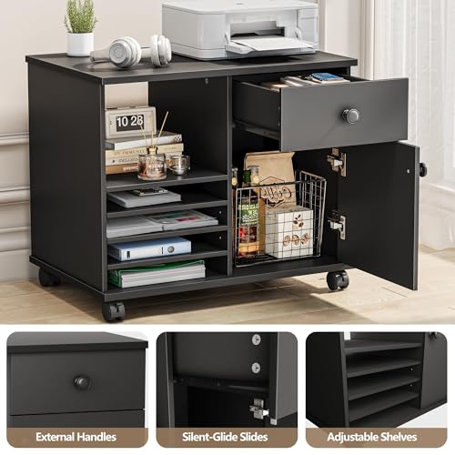 Quikraen Rolling File Cabinet with Doors | Adjustable Shelves Under Desk Storage Cabinet for Office Supplies Mobile Filing Cabinet Black - color: Black
