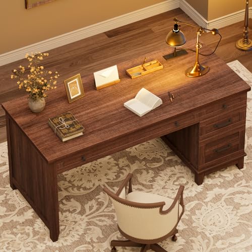 GarveeHome Executive Desk with Drawers, Farmhouse Home Office Desk with Charging Station, 53.54 in Wooden Computer Desk with File Cabinet Storage for Work Study Writing,Walunt Brown - color: Walunt Brown