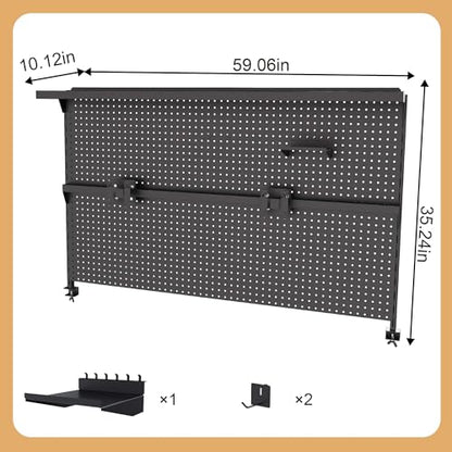 Metal Pegboard Desk Organizer with Dual Monitor Stand, 59x35 Inch Clamp-On Privacy Panel, Carbon Steel Gaming Desk Wall Organizer with 3 Accessories, Black Office Desk Storage System