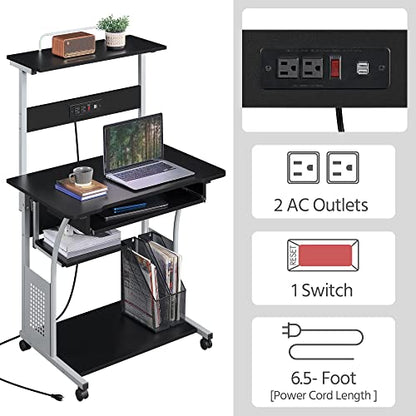Yaheetech Small 3-Tier Rolling Computer Desk, Power Outlet, Black | Engineered wood tiers and metal frame suit small spaces, holding a monitor, printer, and keyboard tray by a built-in outlet. - color: Black