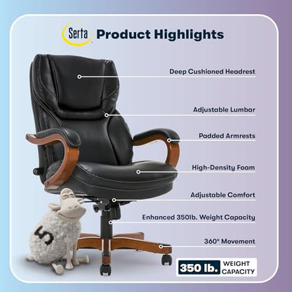 Serta Big & Tall Executive Office Chair with Lumbar Support, Leather Chair | Conway, Ergonomic 350lb Capacity Computer Chair, Padded Arms, High Back Home Gaming Chair, Adjustable Height & Recline, Black - color: Brainstorm Black