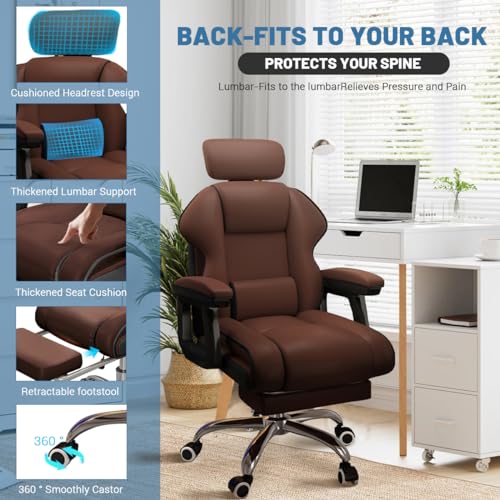 Executive Computer Chair Home Office Desk Chair,Adjustable Angle, Ergonomic Adjustable Height PU Leather Chairs with Cushions Armrest for Long Time Seating-High Office Chair with Footrest - color: Brown