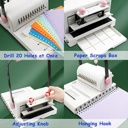 Double Coil Binding Machine with Electric Hole Puncher, 20 Sheet Capacity, Extended Ruler, and Pressure Ring Adjustment for Notebooks and Card Binding