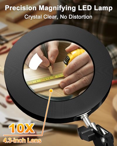 10X Magnifying Lamp with Light [Clamp and Stand], 4.3” Real Glass Lens Magnifier Desk Lamp Clip On, Metal Swing Arm LED Ring Light with 3 Color Modes & 10 Brightness for Close Work Crafts Nail - style: Lamp with Clamp and Stand