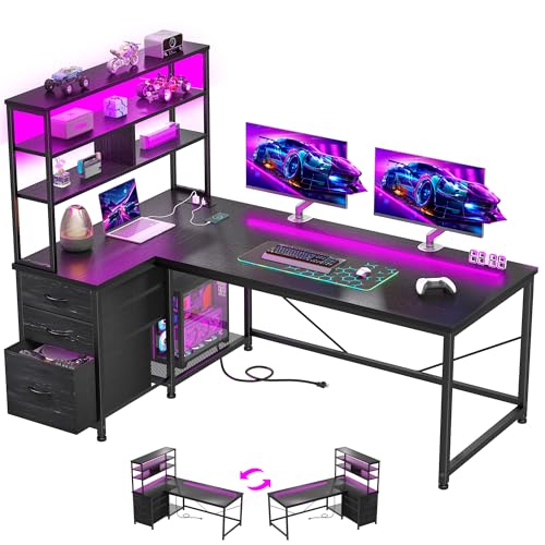 DurayLoly L Shaped Gaming Desk with 3 Fabric Drawers & Shelves for Storage | Reversible Computer Desk with LED Lights, Power Outlet and PC Stand of Home Office Desk for Bedroom,Dorm,Gaming Room,Black - color: Black, size: 18.9"D x 47.2"W x 59"H