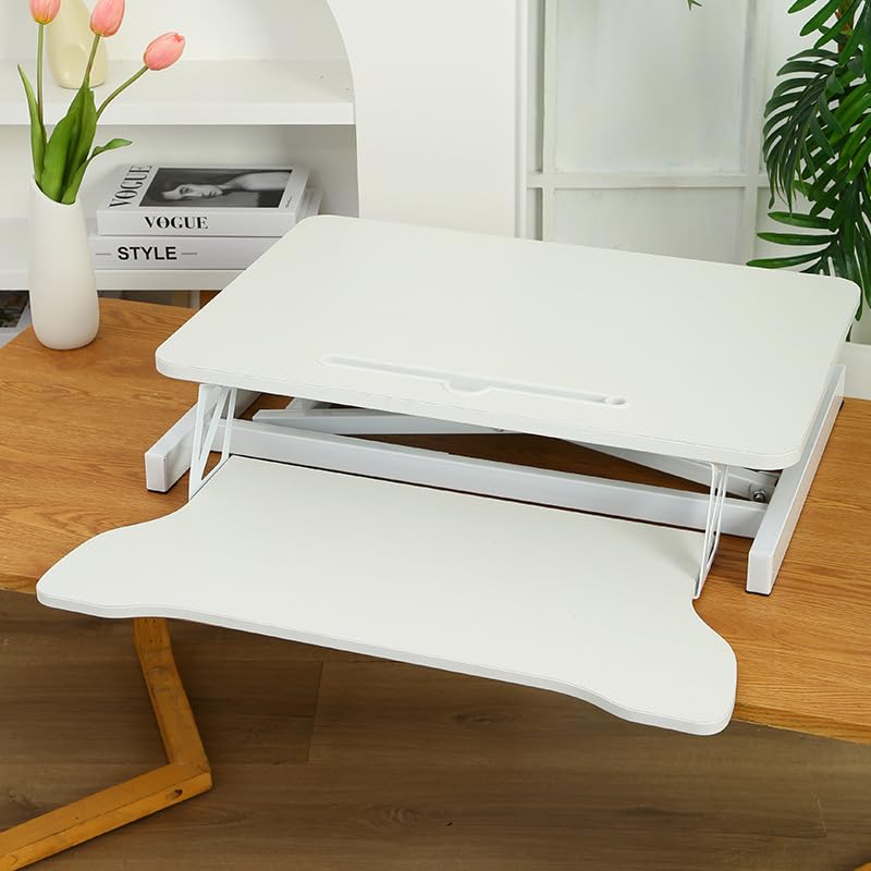 32 Inch Height Adjustable Standing Desk Converter, Dual Monitor and Laptop Riser Workstation with Wide Keyboard Tray, Sit to Stand Desk for Office Home (White+32 Inch) - color: White+32 Inch