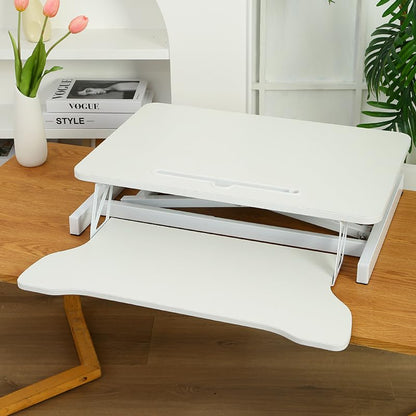 32 Inch Height Adjustable Standing Desk Converter, Dual Monitor and Laptop Riser Workstation with Wide Keyboard Tray, Sit to Stand Desk for Office Home (White+32 Inch) - color: White+32 Inch