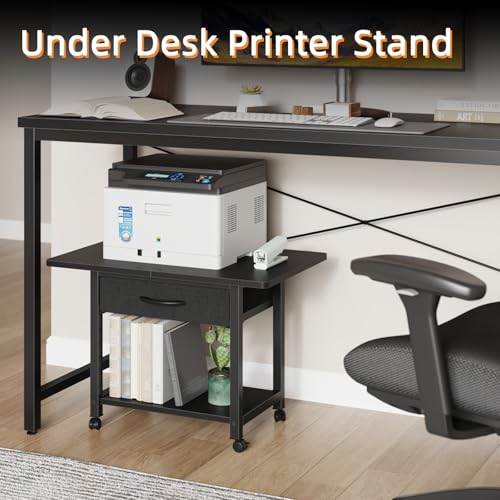 YAOHUOO 22"x15" Large Printer Stand with Drawer, 2-Tier Rolling Table Cart - color: Black, size: 2-Tier
