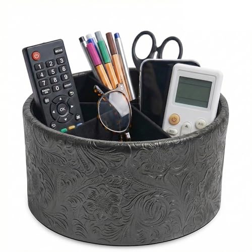 Remote Control Holder, 360°Spinning PU Leather Desk TV Remote Caddy,Desk Storage Box Room Accessories for Controller, Media,Mail,Calculator, Mobile Phone,Pencil(1-Carved Black) - color: 1-Big Carved Black
