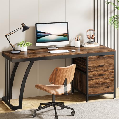 Tribesigns 59 Inch Computer Desk with 3 Drawers, Industrial PC Desk Study Writing Table Workstation with File Storage, Home Office Desks with Large Desktop and Metal Frame, (Rustic Brown) - color: Rustic Brown