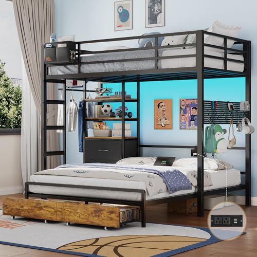 DICTAC Twin Over Full Bunk Bed with 4 Storage Drawers and 3-Tier Open Bookshelf Metal Bunk Bed with LED Lights,Charging Station and Pegboard,L-Shaped bunk Beds with Safety Guardrail and Ladder,Black - color: Black, size: Twin Over Full