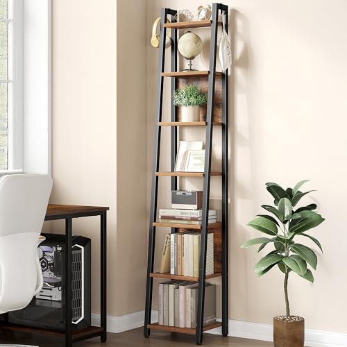 Hzuaneri Ladder Shelf, 7 Tier Narrow Bookshelf with 2 Back Panels | Corner Storage shelf with 2 Hooks, for Home Office, Living Room and Bedroom,12.2"D x 12.2"W x74.2''H,Rustic Brown BC31701B - size: 12.2"D x 12.2"W x 74.2"H