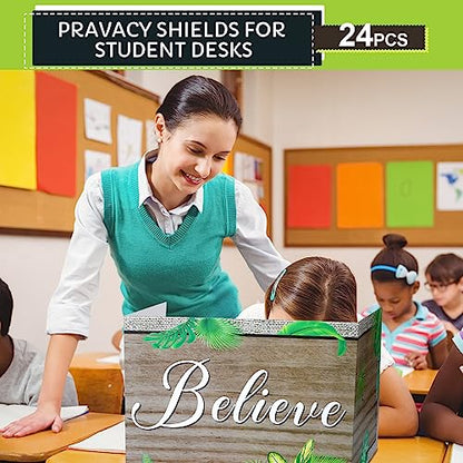 Honoson 24 Pcs Inspirational Privacy Folders for Students | Cardboard Desk Shields with Motivational Words, 6 Designs for Classroom Study, Tri-fold Exam Dividers, Bulk Test Boards - style: Leaves
