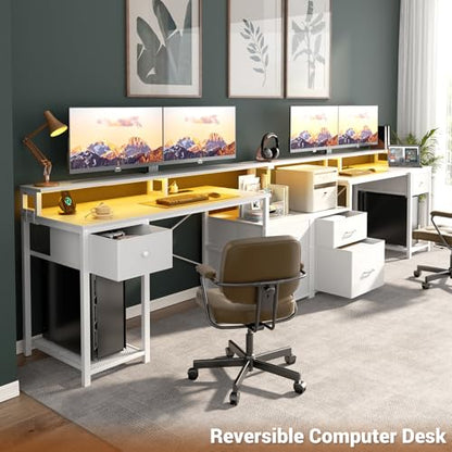 Aheaplus 59" Gaming Computer Desk with 3 Drawer, Power Outlet, Led Lights - color: White