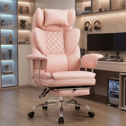 NEO CHAIR Big & Tall Leather Office Chair, High Back, Lumbar Support, Pink | Gaming Chair for Adults and Computer Use, Reclining Office Chair with Foot Rest, Massage, Comfy Design and Heavy Duty Support - color: Pink