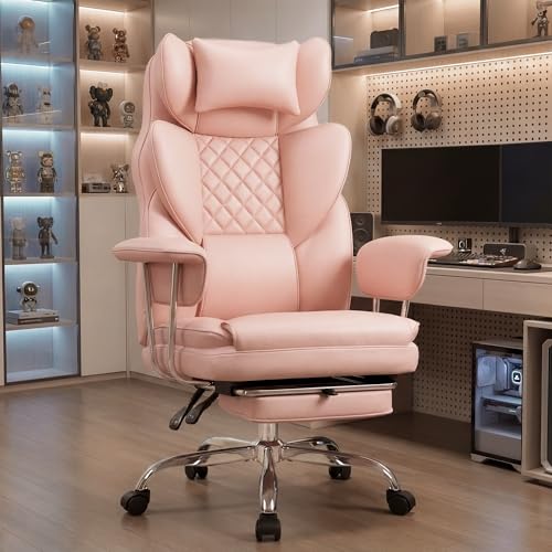NEO CHAIR Big & Tall Leather Office Chair, High Back, Lumbar Support, Pink | Gaming Chair for Adults and Computer Use, Reclining Office Chair with Foot Rest, Massage, Comfy Design and Heavy Duty Support - color: Pink