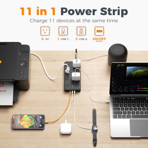 TESSAN Power Strip Surge Protector, 10FT Flat Plug Extension Cord | 8 Outlets 3 USB Charger(1 USB C), 1080 Joules Protection, Wall Mountable Charging Station for Home Office Dorm, Black - color: Black, size: 10FT-1080J surge protection