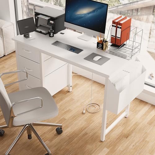 Reversible Computer Desk Gaming Desk with Power Outlet and 47" Desktop, Modern Writing Study Work Table with 3 Fabric Drawers and Extra Large Side Pocket for Bedroom, White