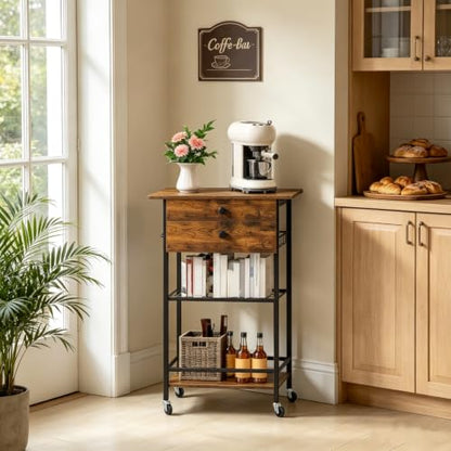 ETELI Coffee Cart Station with Lockable Wheels and Coffee Pod Storage | 5 Tier Coffee Bar Cart with 2 Drawers and Wire Mesh Storage for Kitchen Living Room Office Coffee Nook, Rustic Brown