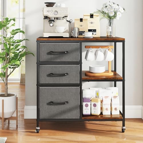GOFLAME 3 Drawer Mobile File Cabinet with Charging Station, Rolling Printer Stand with Open Storage Shelves, Wooden Storage Cabinet on Wheels for Home Office (Rustic Brown and Gray) - color: Rustic Brown and Gray