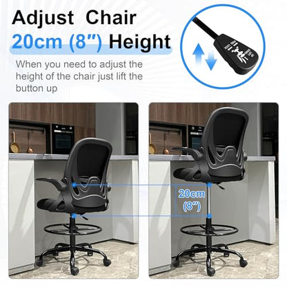 Primy Drafting Chair Tall Office Chair with Flip-up Armrests Executive Ergonomic Computer Standing Desk Chair with Lumbar Support and Adjustable Footrest Ring (Black) - color: Black, size: 934-Z