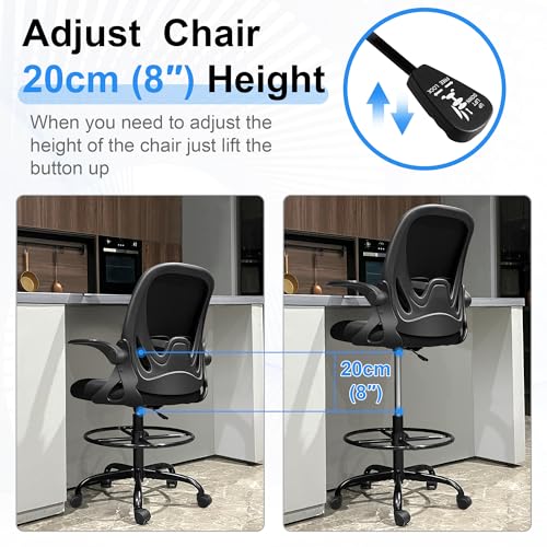 Drafting Chair Tall Office Chair with Flip-up Armrests Executive Ergonomic Computer Standing Desk Chair with Lumbar Support and Adjustable Footrest Ring (Black) - color: Black, size: 934-Z