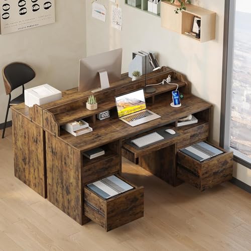 Bestier 59" Executive Desk with Charging Station & Monitor Stand, Brown - color: Natural Rustic Brown