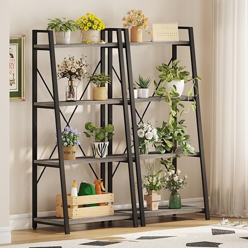 Ladder Bookshelf, 4 Tier Ladder Shelf Bookcase, Wood Leaning Book Shelves for Living Room, Bedroom, Home Office Shelving Unit (Dark Grey Oak) - color: Grey Oak, size: 4-Tier