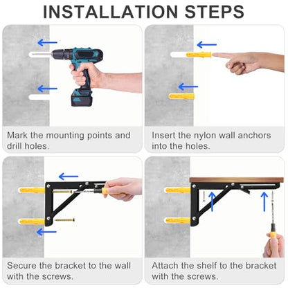10 Inch Folding Shelf Brackets, Heavy Duty Wall Mounted Collapsible Metal Shelf Bracket, Black Folding Table Brackets for Workbench, Kitchen, Living Room, Bedroom, Study, 2 Pack - size: 10 Inch