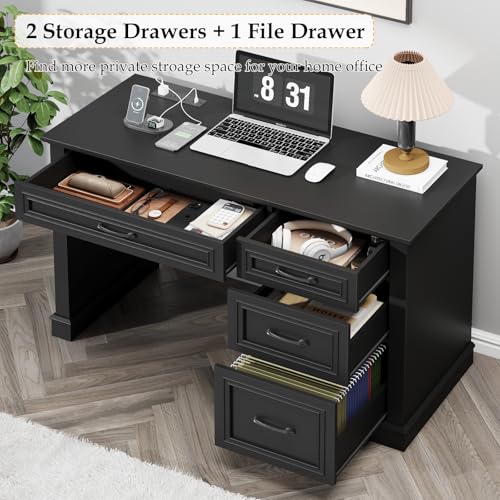Vabches Farmhouse 47" Workstation Computer Desk with Drawers, Pure Black | Executive Desk with File Drawer and Charging Station for Home Office,Study. - color: Pure Black