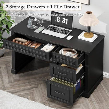 Vabches Farmhouse 47" Workstation Computer Desk with Drawers, Pure Black | Executive Desk with File Drawer and Charging Station for Home Office,Study. - color: Pure Black