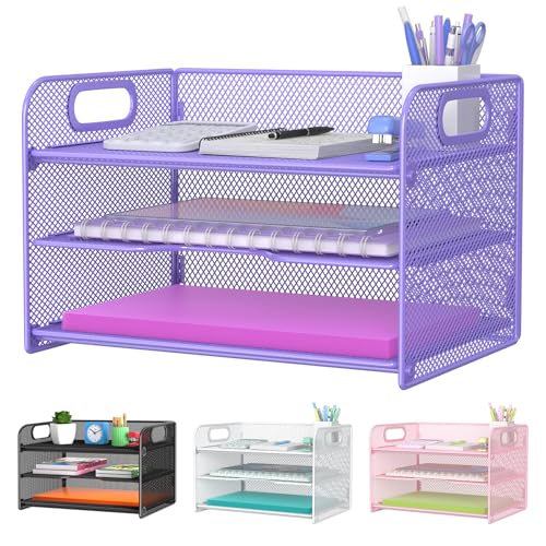 Samstar 3 Tier Purple Letter Tray Paper Organizer with Handle, Mesh Desk Organizer Paper Sorter File Rack Shelves, Purple - color: Purple 3 Tier Pack of 1