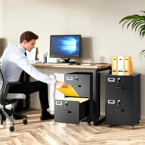 2 Drawer File Cabinet on Wheels,Metal Filing Cabinet with Lock,Black Rolling File Cabinets with Casters,Under Desk Office Cabinets for Home Office,Fit A4/Letter/Legal,Easy Assembly - color: Black, style: 2 Drawer with Wheels