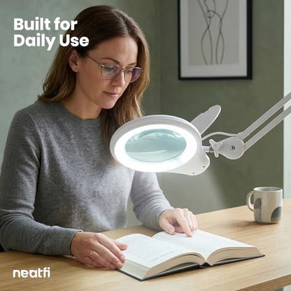 Neatfi LED Bifocal Magnifying Lamp 1,200 Lumens – 5” Glass Lens, Dual Magnification 3X/6X, Dimmable Task Light | Adjustable Arm with Clamp | Crafting, Jewelry & Reading (8 Diopter + 20 Diopter, White) - color: White, size: 8 Diopter + 20 Diopter