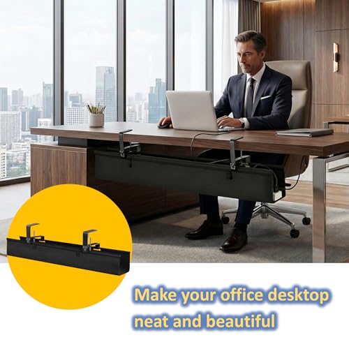36" Under Desk Cable Management Tray - No Drill Oxford Cloth Cord Organizer with Clamp & Screw Mount - Large Capacity Fabric Cable Holder for Home Office, Gaming Desk & Standing Desk (Black)