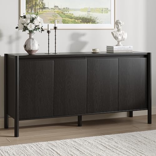 59 Inch Black Buffet Cabinet, Mid Century Wood Sideboard Storage - color: Black