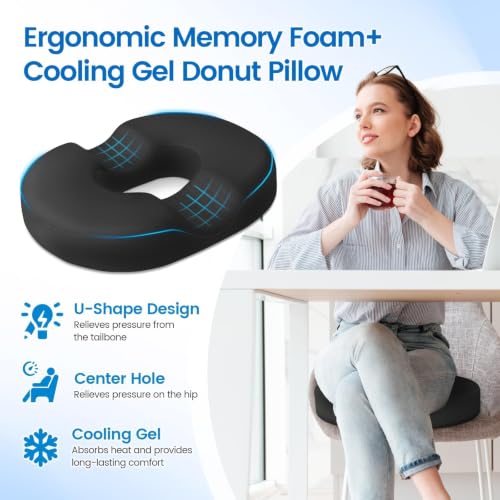 Donut Pillow Seat Cushion, Cooling Gel Memory Foam Chair Cushion, Black - color: Black, size: Large