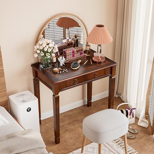 Cherry Walnut Writing Desks with Drawers, 31.5" Mid-Century Modern Computer Desk for Home Office, Secretary Desk for Living Room Study or Workspace, Easy Assembly Vanity Desk, SSZD1258 - size: 35.1"