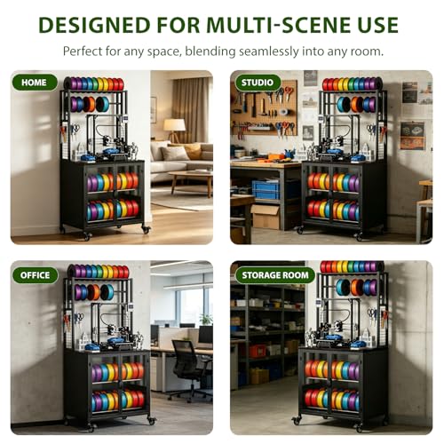 3D Printer Stand with Filament Storage, Heavy Duty 29.5" Printer Table Cart with Cabinet, Dustproof & Moisture-Proof Rolling Stand with 360° Wheels for Workshop, Studio, Office, Black