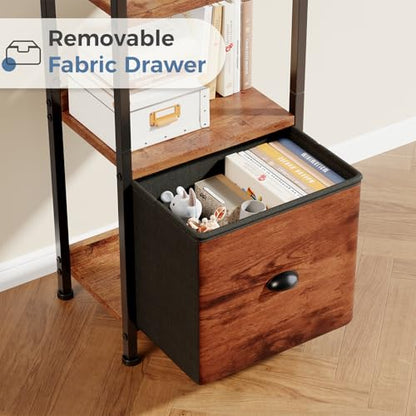 DUMOS 4 Tier Bookshelf with Fabric Drawer, Display Standing Shelf, Brown - color: Rustic Brown, size: 4 Shelf with Fabric Drawer