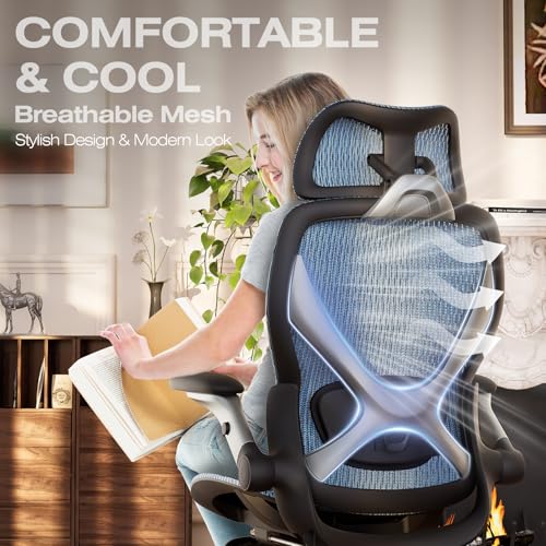 X100 Ergonomic Mesh Office Chair with Footrest, Big and Tall Home Desk Chair with 5D Flip-Up Arms, Adjustable 3D Lumbar Support, Gaming & Executive Computer Chair (Oaxaca Blue) - color: Oaxaca Blue