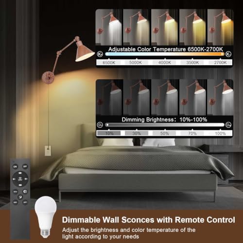 TRLIFE Dimmable Wall Sconce, Remote Control Plug in Wall Sconce Dimming 10%-100% and Adjustable Color Temperature 2700K-6000K, Swing Arm Wall Lights with Plug in Cord, UL Listed(2 Pack, Walnut Color) - color: Walnut color, size: 2 Pack- (Remote+Bulbs)