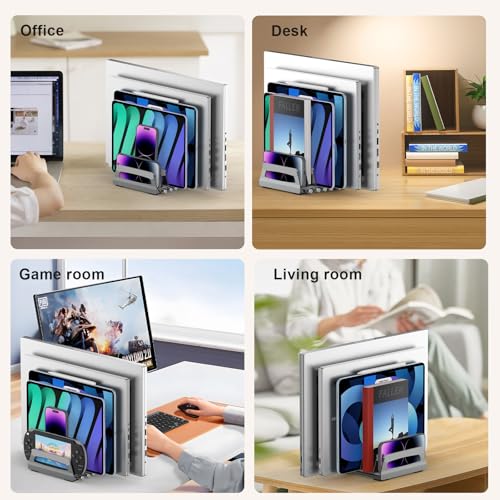Elestoria 6-Slot Vertical Laptop Stand & Holder –Adjustable Aluminum Laptop Stand Vertical for Desk Fits 6 Devices, MacBook & Gaming Laptops (Up to 17.3”)–Space Saving Laptop Storage Rack - Grey - size: 6 - Slot