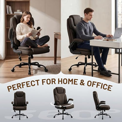Ergonomic Office Chair, PU Leather High Back Executive Chair with Adjustable Inflatable Lumbar Support and Padded Flip-Up Arms, Recline Swivel Task Computer Chair for Home Office, Dark Brown - color: Dark Brown