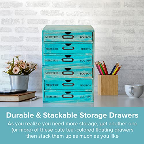 Turquoise 3-Tier Drawer Unit - European Country Style Desk Organizer Box - 9.7x7x7.5" Wooden Teal Stackable Drawers - Countertop Organizer Drawers w/Label Holder - Triple File Drawer Unit - style: 3 Drawer I 7.5"