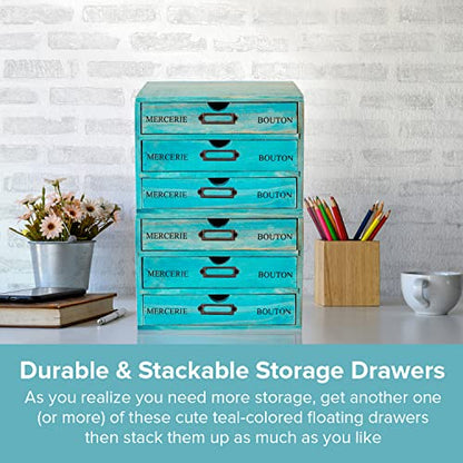 Turquoise 3-Tier Drawer Unit - European Country Style Desk Organizer Box - 9.7x7x7.5" Wooden Teal Stackable Drawers - Countertop Organizer Drawers w/Label Holder - Triple File Drawer Unit - style: 3 Drawer I 7.5"