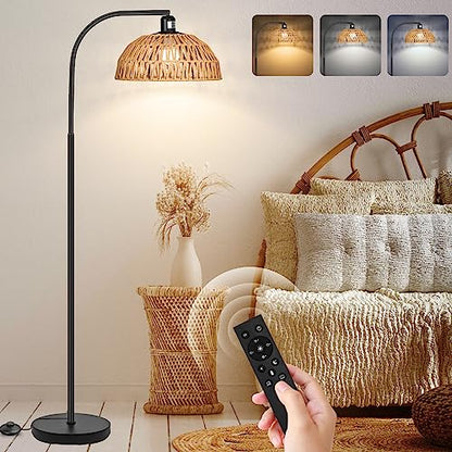 Brilvibera Boho Standing Lamp with Remote Control and Dimmable Bulb | Hand-Worked Adjustable Rattan Shades, Black Farmhouse Tall Lamp, Boho Arc Floor Lamps for Living Room, Bedroom, Office - style: Rattan Standing Lamp Black
